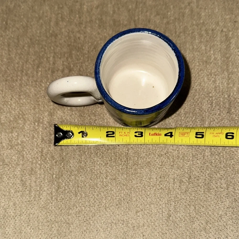 DEBBIE DEAN Small Handmade Signed Folk Art Blue/White Pottery Mini Mug 2.5”